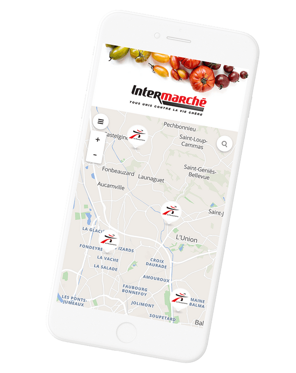 mobile screen view of map with Intermarché
