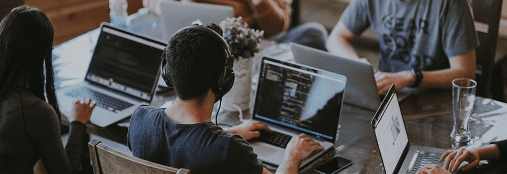 Footer banner with people working together